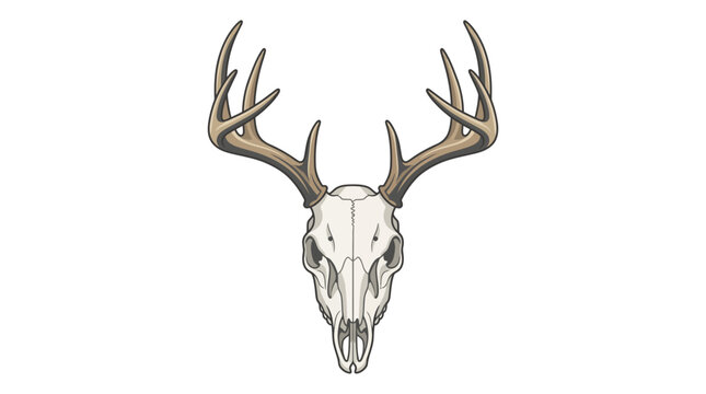 Detailed deer skull vector illustration featuring a large set of symmetrical antlers, front view of a buck cranium and trophy rack graphic isolated on a solid white background.