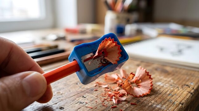 Hand sharpening a red pencil with a blue sharpener on a wooden table