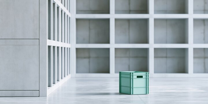 Empty storage room with plastic crate