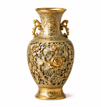 Golden ornate vase with intricate filigree and handles