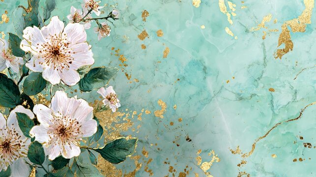 Watercolor mint green floral marble background with elegant gold splashes, botanical flower pattern, soft pastel spring texture for wedding invitations, postcards, websites, banners, wallpaper and dec