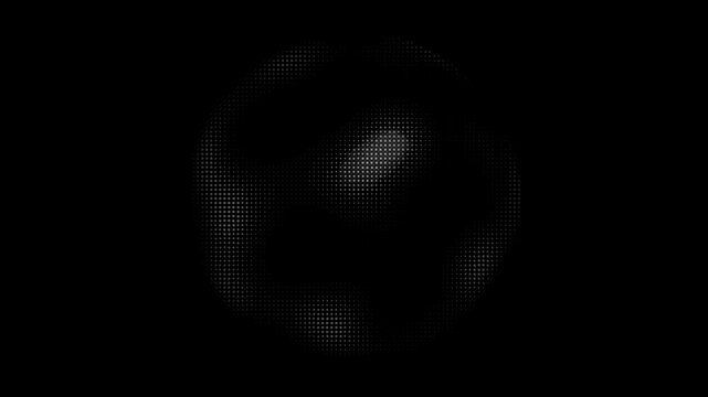 Abstract digital sphere made of glowing white square pixels on a black background, modern technology concept