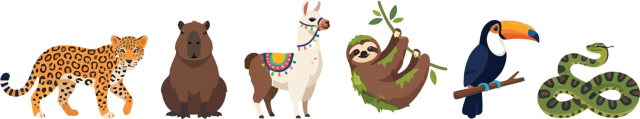 Fototapeta premium A collection of diverse rainforest animals including a leopard capybara sloth toucan and snake.