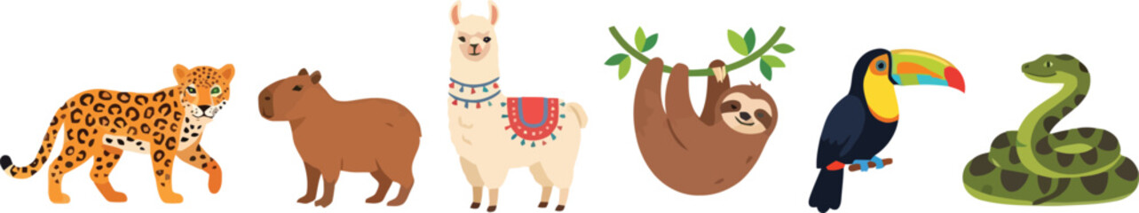 Fototapeta premium A collection of cute cartoon animals from the South American rainforest and Andes mountains.