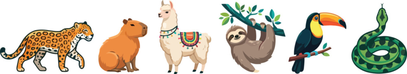 Fototapeta premium A collection of diverse South American wildlife illustrations featuring a jaguar capybara llama sloth toucan and snake.