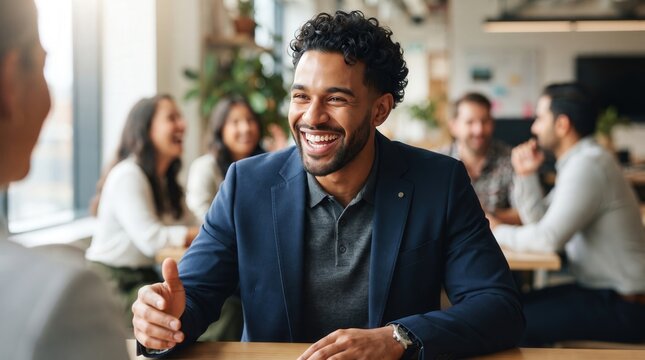 Smiling professional man in navy blazer talking to colleague in modern office, featuring positive company culture and collaborative teamwork for career coaching and human resources marketing.