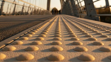 Obraz premium AI + Tactile Paving Close-up of a textured bridge surface with rivets, showing structural metal elements and a blurred pedestrian walkway.