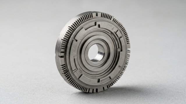 Close-up of a precision-machined metallic circular component with intricate patterns and a central bore, likely an industrial or technological part.