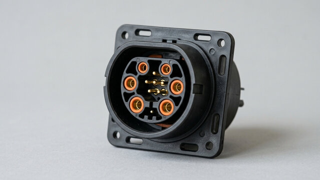 Close-up view of a robust black circular electrical connector with multiple pins and sockets.