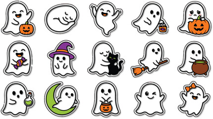 Fototapeta premium Cute Halloween Ghost Clipart Set with Pumpkins, Candy, Witches and Black Cats