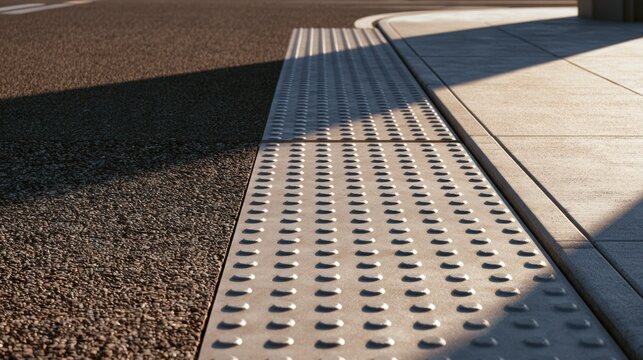 AI + Tactile Paving Tactile paving on a sidewalk designed to assist visually impaired pedestrians with navigation and safety.