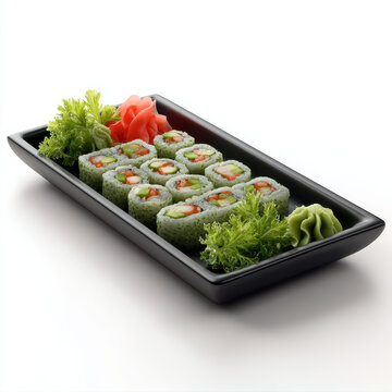 Sushi roll black tray green seaweed wasabi ginger lettuce Japanese food fresh gourmet minimal style