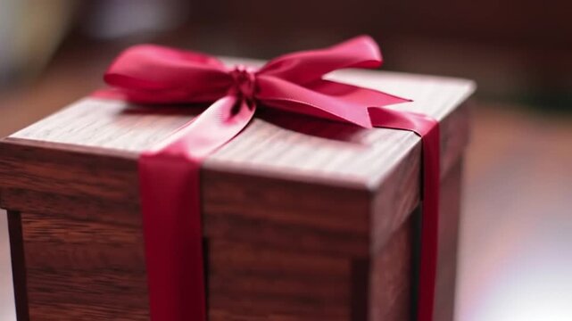 Wooden gift box tied with red satin ribbon