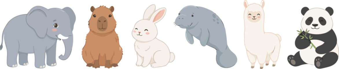 Fototapeta premium A collection of cute cartoon animals including an elephant capybara rabbit manatee llama and panda.