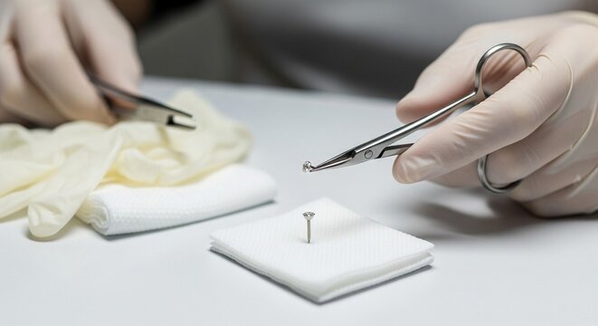 Professional piercer using forceps to hold small silver stud for body jewelry insertion