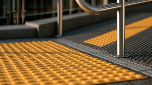 AI + Tactile Paving Yellow tactile paving with raised bumps near a staircase, designed for visually impaired pedestrian safety.