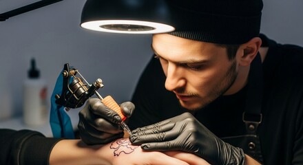 Fototapeta premium Skilled Tattoo Artist Carefully Applies Ink With Machine on Client's Forearm Under Studio Light