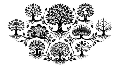 Fototapeta premium Stylized Tree Silhouettes Arranged in a Circular Design Featuring Trees