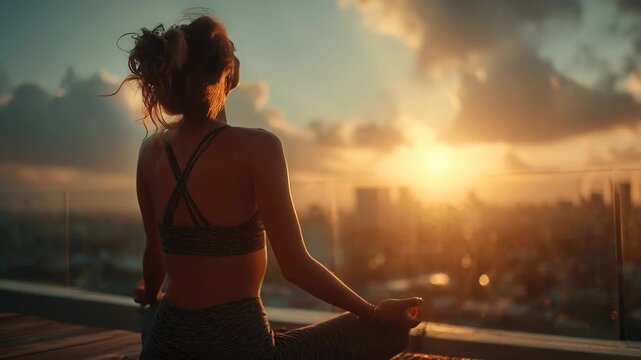 Cinematic footage of a young woman doing deep breathing exercises and meditating in lotus pose on a city rooftop terrace during a golden sunset, quiet luxury wellness, mindfulness background.