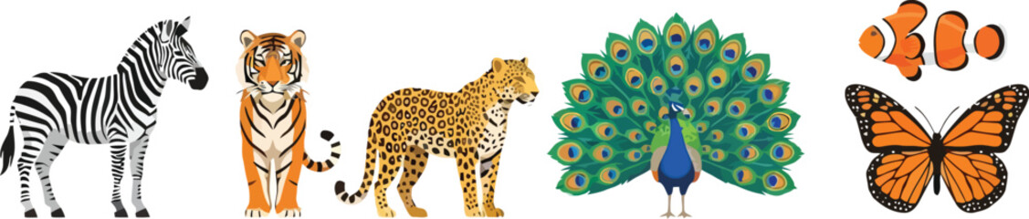 Fototapeta premium Collection of various wild animals and insects including zebra tiger leopard peacock and butterfly.