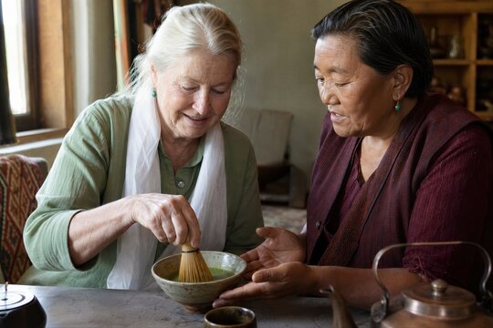 Senior woman learning to prepare matcha tea with local host. Traditional ceremony ritual performed in workshop.