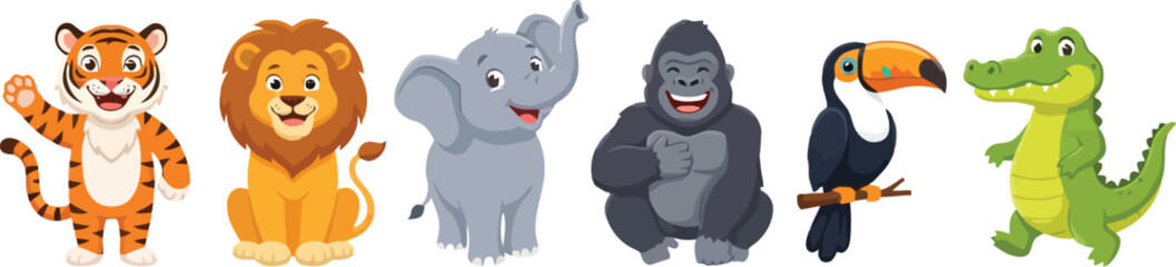 Fototapeta premium A collection of cute cartoon animals including a tiger lion elephant gorilla toucan and crocodile.