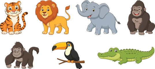 Fototapeta premium A collection of cute cartoon wild animals including a tiger lion elephant gorilla toucan and crocodile.