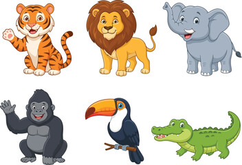 Fototapeta premium A collection of six friendly cartoon jungle animals including a tiger lion elephant gorilla toucan and crocodile.