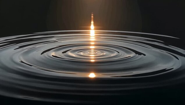 Single water drop falling on pure black liquid mirror surface creating concentric ripples.