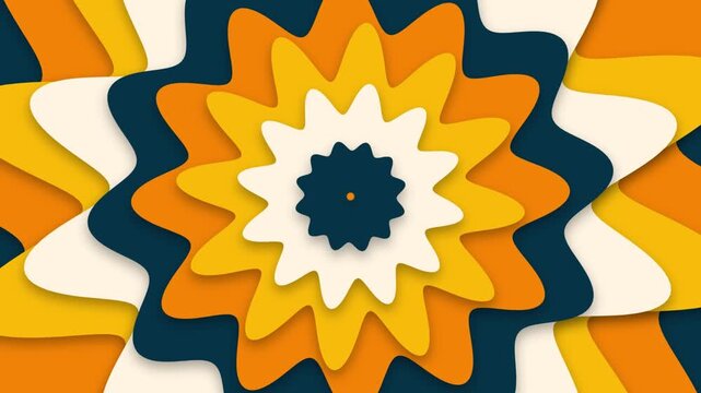 Abstract floral pattern with layered wavy shapes in yellow, orange, and dark blue colors, retro 70s style background design