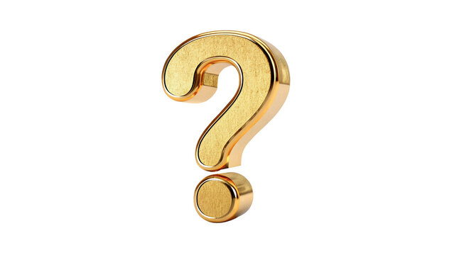 Golden shiny metallic question mark sign 3d isolated on transparent background