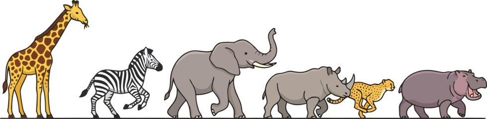 Fototapeta premium A colorful illustration featuring a line of various wild African safari animals.