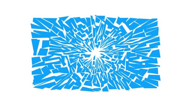 Abstract shattered glass pattern with blue shards radiating from the center isolated on white background