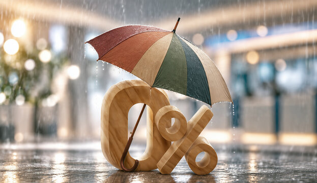 Wooden percentage symbol protected by a vintage umbrella in heavy rain, representing financial protection, insurance, interest rates, investment risk, savings, and economic security.