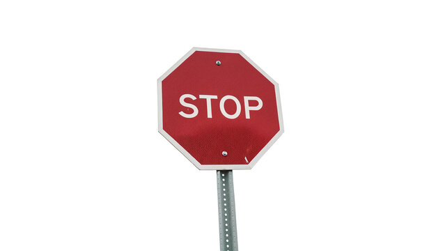 Red octagonal stop traffic sign on metal post isolated on transparent background