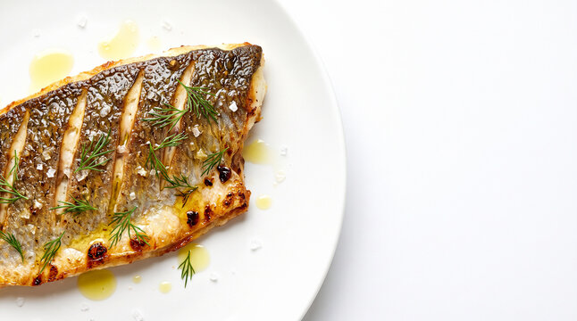 Macro overhead view of pan seared sea bass fillet with crispy skin on white background with copy space