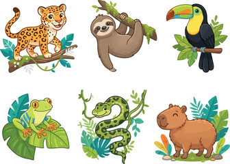Fototapeta premium Set of cute cartoon rainforest animals including a jaguar sloth toucan frog snake and capybara.