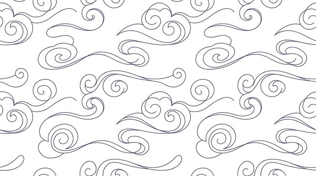 Japanese traditional clouds seamless pattern, oriental line art cloud background, minimalist asian wave texture for textile and wallpaper