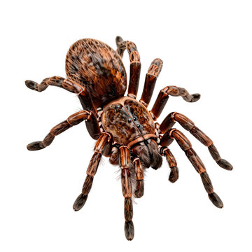 Close-up view of a large, hairy tarantula with brown and black markings on its body and legs