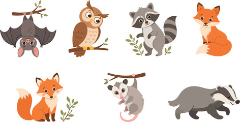 Obraz premium A collection of cute woodland animals including a bat owl raccoon fox opossum and badger.