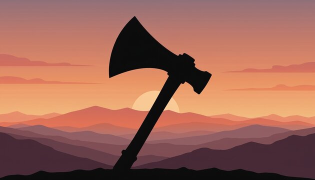 Tomahawk Axe Silhouette Sunset Mountain Landscape Vector Illustration. Outdoor adventure, wilderness exploration, camping, hiking, and nature travel concept with warm gradient sky.