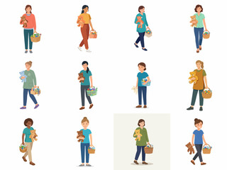 Fototapeta premium Flat vector illustration set of diverse little girls walking and standing while holding cute teddy bears and small baskets, isolated on white background for design projects.
