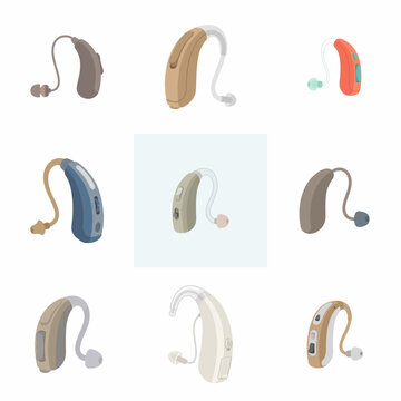 Collection of nine colorful hearing aid icons representing assistive technology for audiology, ear health care, and medical treatment of hearing loss, isolated on a white background.