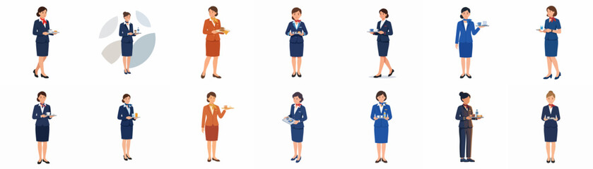 Obraz premium Collection of professional female flight attendants in various uniforms and poses. Diverse cabin crew vector illustrations isolated on white background for aviation and travel design projects.