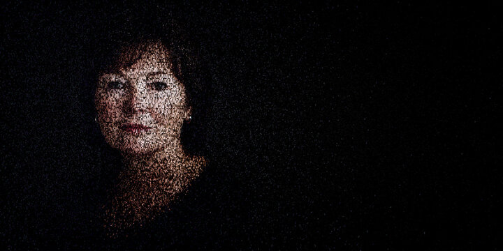 Digital ID Portrait of Woman with Face made up of Code. Pseudonymization Concept with copy-space.