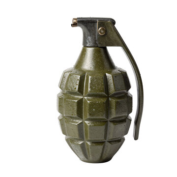Isolated olive green fragmentation hand grenade with a brass fuze on a white background