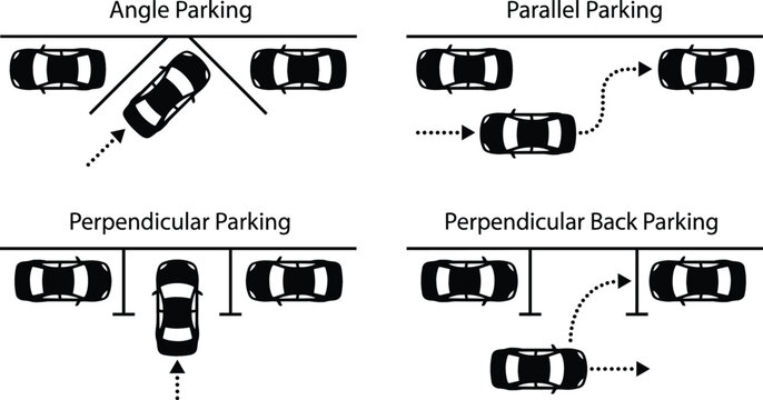 Car parking instruction diagram vector icon set displaying angle parallel perpendicular and back parking rules graphic
