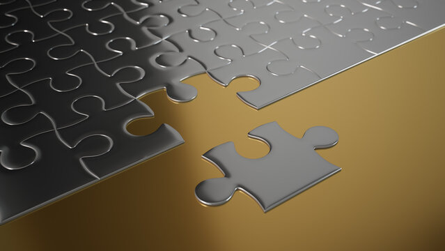 Close up of Silver Jigsaw Puzzle texture Wallpaper with final piece moving into place. Closure Concept.