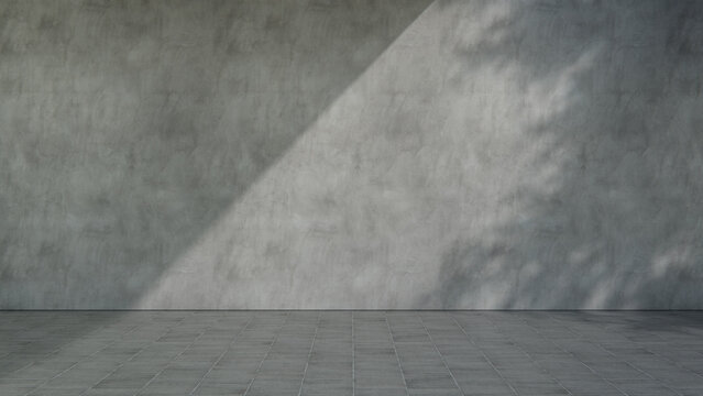 Blank Polished Concrete Wall and Tiled Floor in Morning Light Outdoor Space Background with Cast Shadows. Building Facade Concept with copy-space.