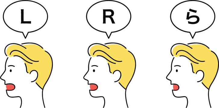 English pronunciation speech therapy training vector line icon set with male profile alphabet bubbles and Japanese hiragana